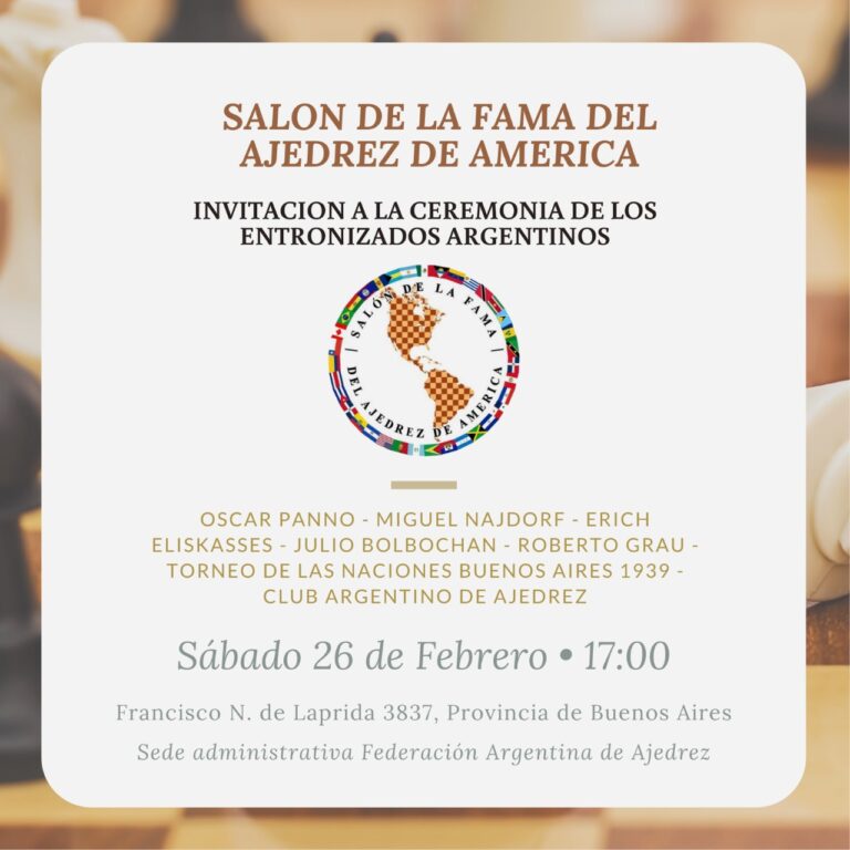 Salon de la fama del ajedrez de América: Invitación a la ceremonia de los entronizados argentinos