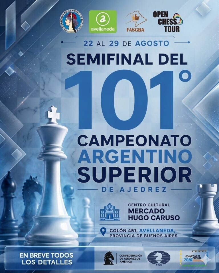 La 101° Semifinal Argentina de Ajedrez se jugará del 22 al 29 de agosto en Avellaneda, Buenos Aires